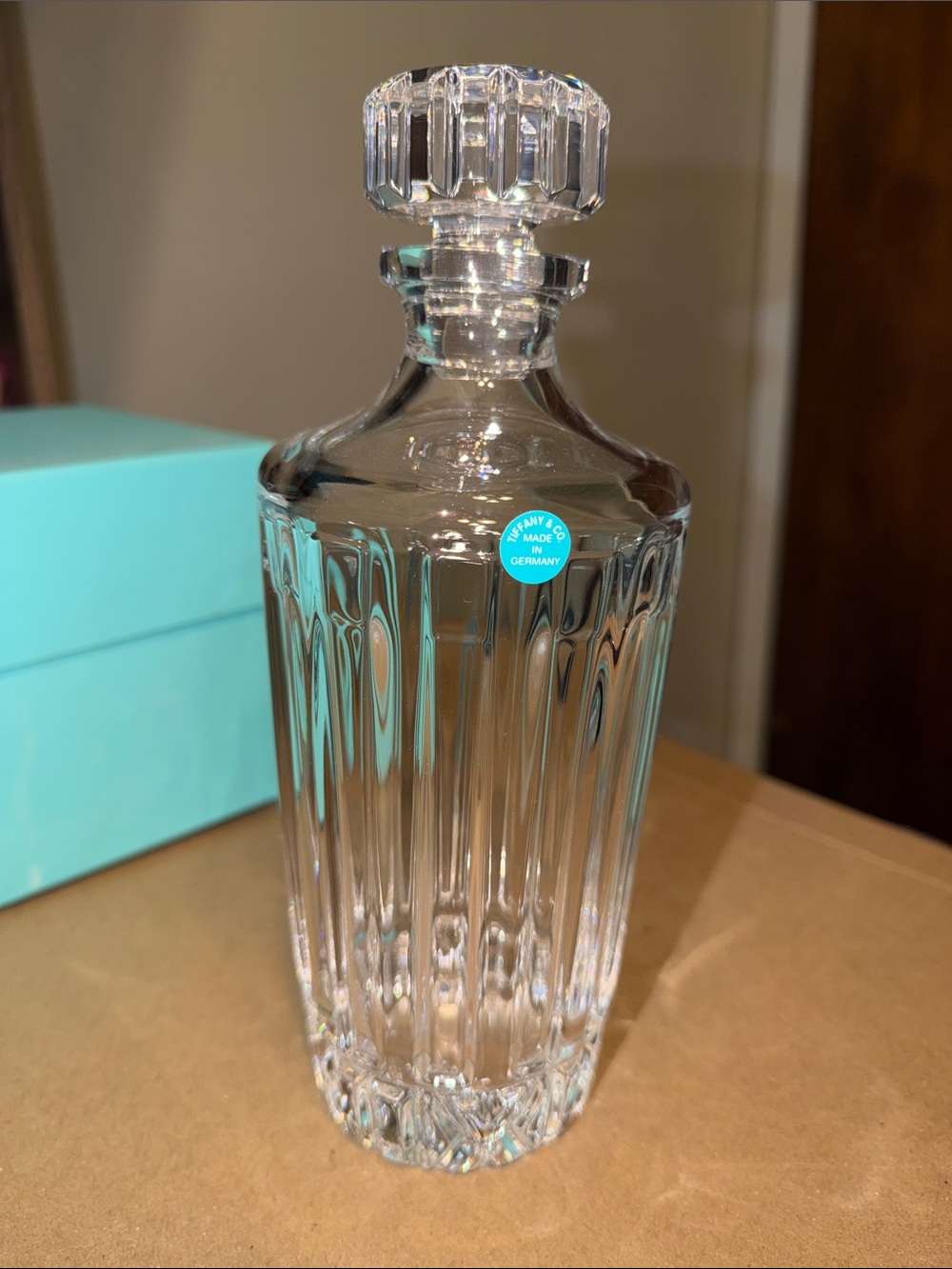Tiffany & Co. Clear Crystal Decanter with Blue Emblem
